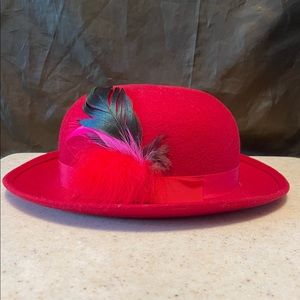 Vintage Bollman Red 100% Wool Felt Ladies Bowler Hat Ribbon & Feather USA Made